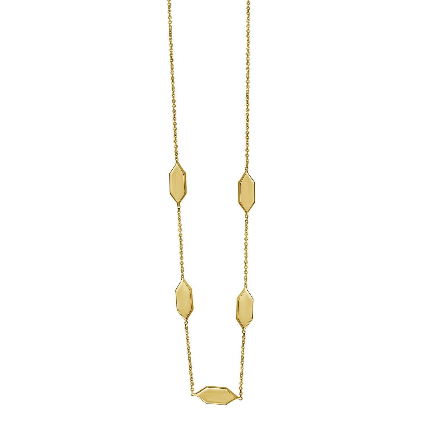 Elongated Hexagon Necklace in 14K Yellow Gold in a sleek high-contrast midnight luxury editorial style
